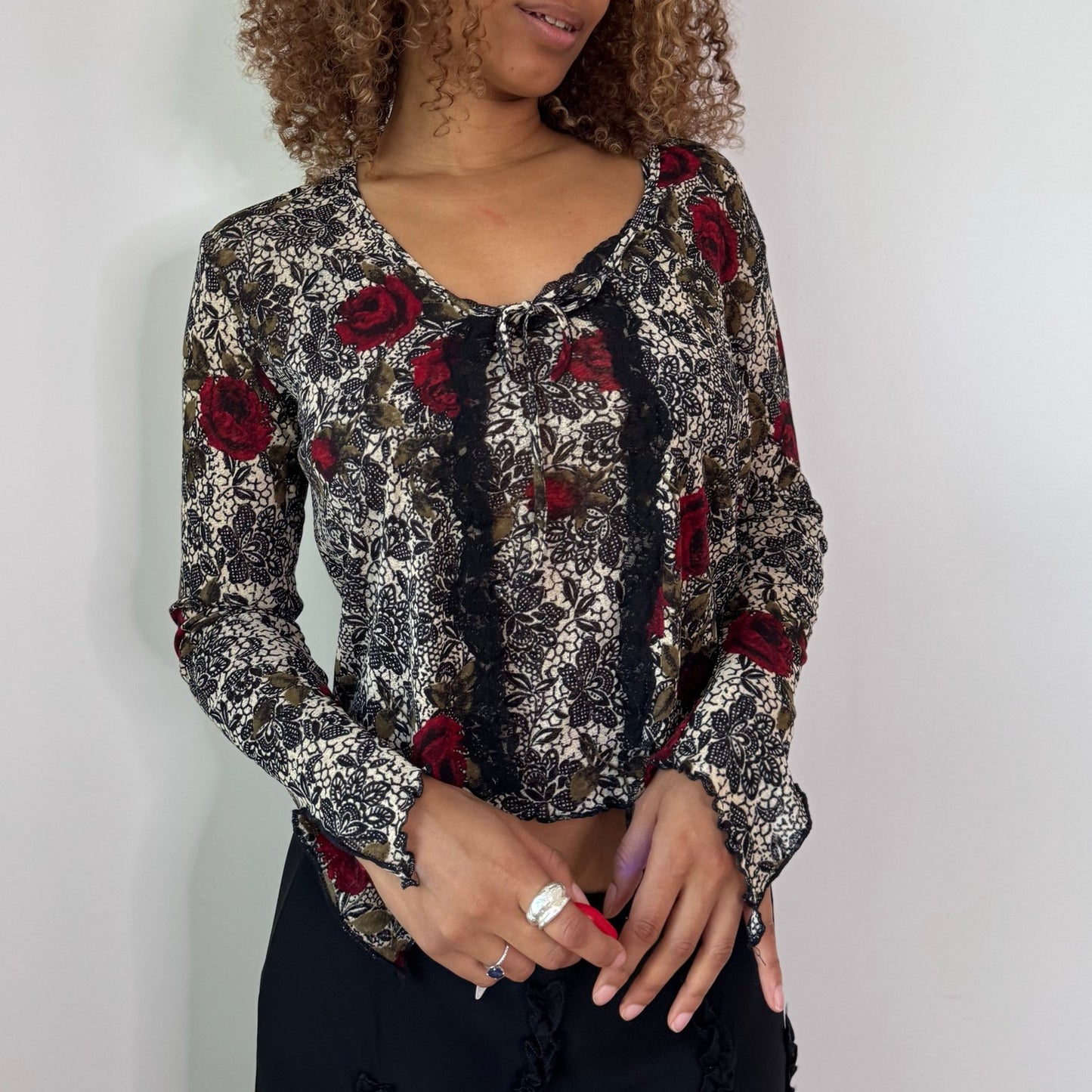 Vintage Black Red Rose Mesh Cami & Cardigan Set Floral Lace Y2K (S)