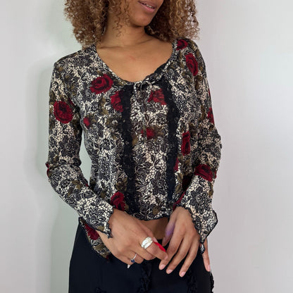 Vintage Black Red Rose Mesh Cami & Cardigan Set Floral Lace Y2K (S)
