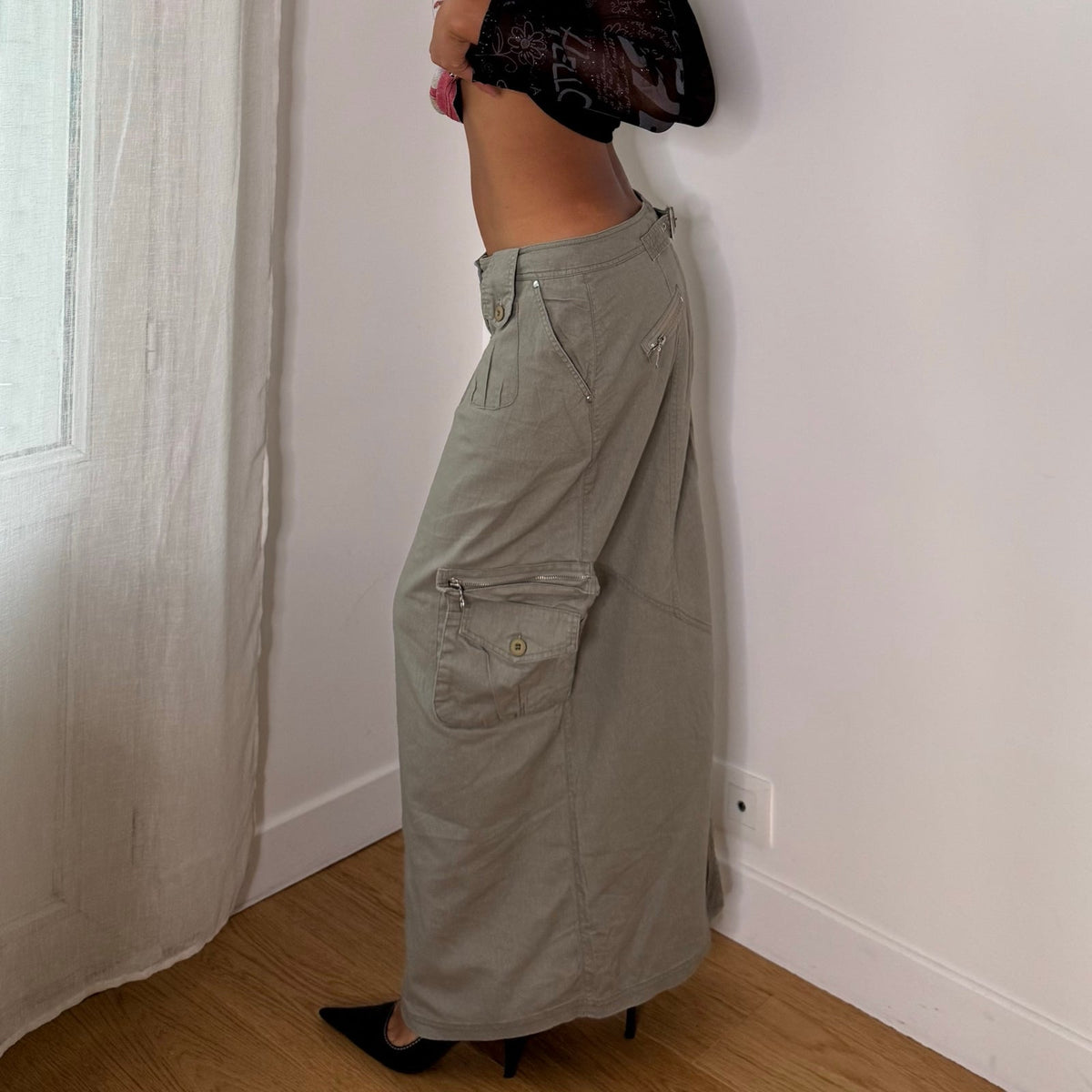 Italian vintage Y2K sage grey linen & cotton cargo maxi skirt with utility pockets & low-rise waist