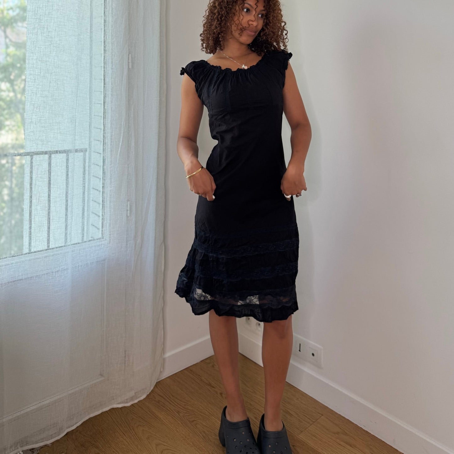 Vintage Black Cotton Midi Dress Ruffle Hem Peasant Y2K (S/M)