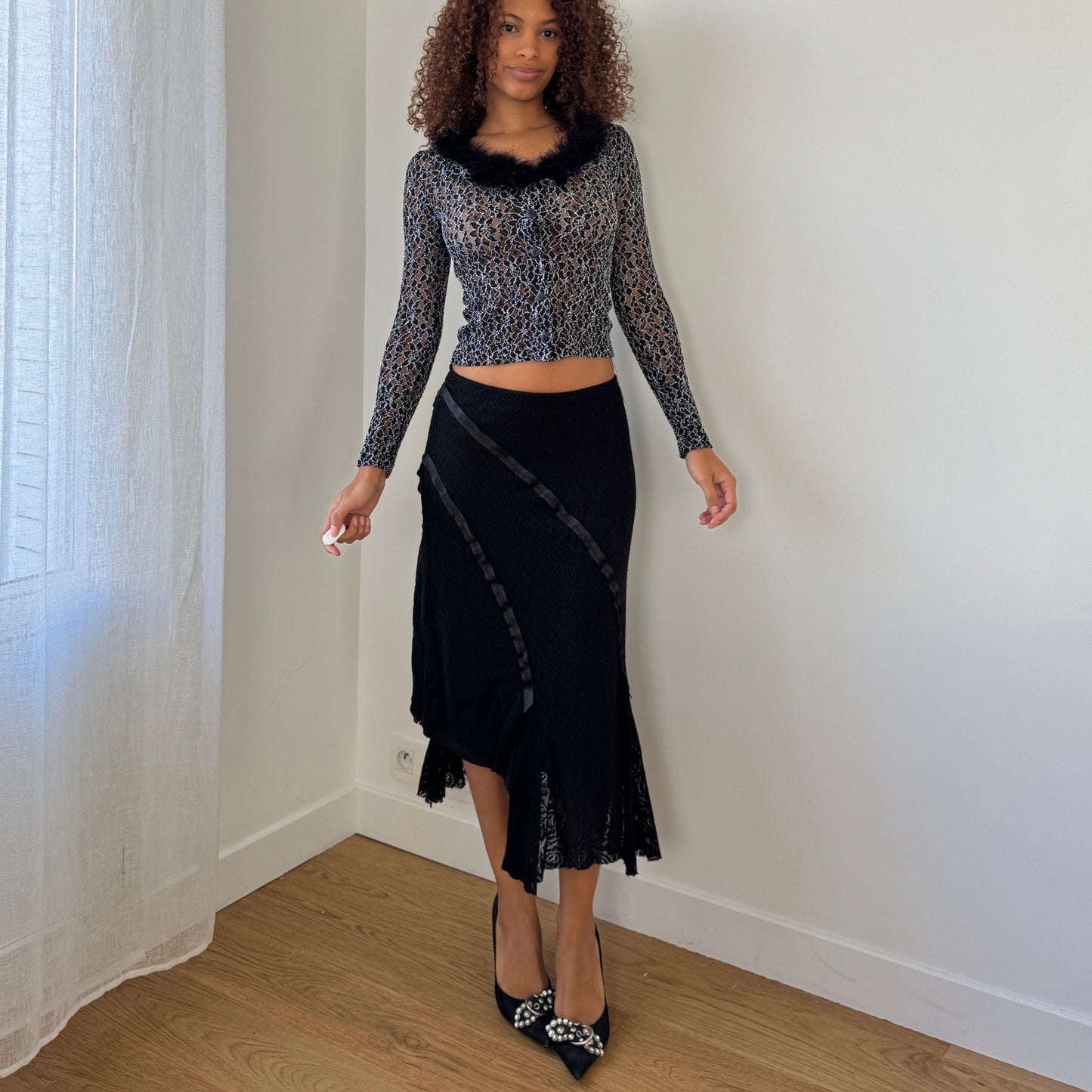 Vintage Euro black lace asymmetric flounce skirt with satin trim (Small)