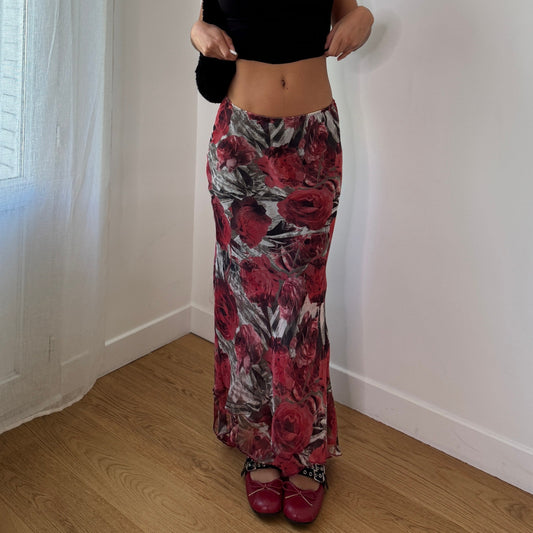 Vintage Red Rose Mesh Maxi Skirt Italy Y2K (S)