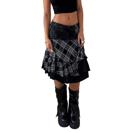 Vintage Plaid Lace Panel Midi Skirt (S)