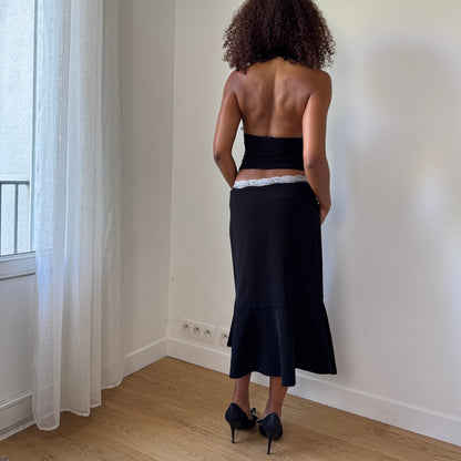 Vintage Black Asymmetrical Flounce-Hem Midi Skirt (S/M)