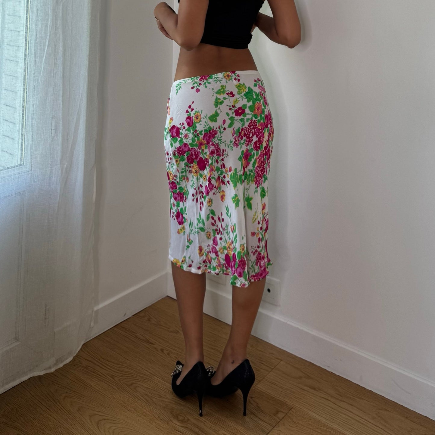 Vintage White Pink Floral Mesh Midi Skirt Double Layer Italian Y2K (S)