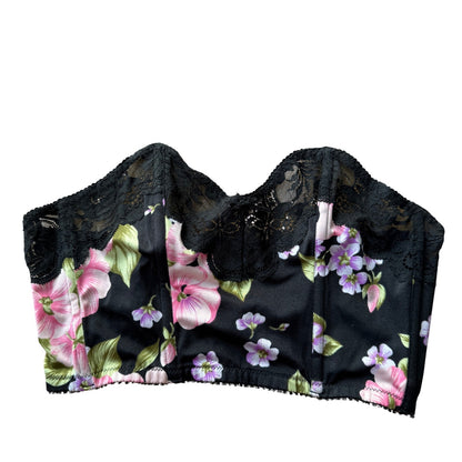 Vintage 90s Italian Black Floral Bustier Crop Top with Lace Trim (S, C cup)