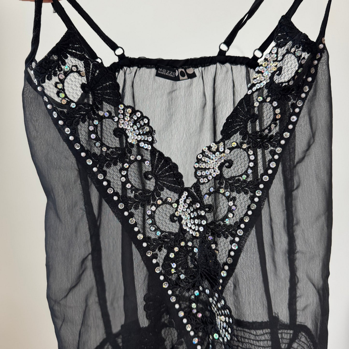 Vintage Italian Black Sheer Mesh Sequin Floral Beaded Cami Top (S/M)