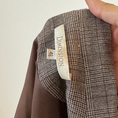 Vintage French Taupe Plaid Button Front Tailored Jacket with Ruffle Trim (S/M)