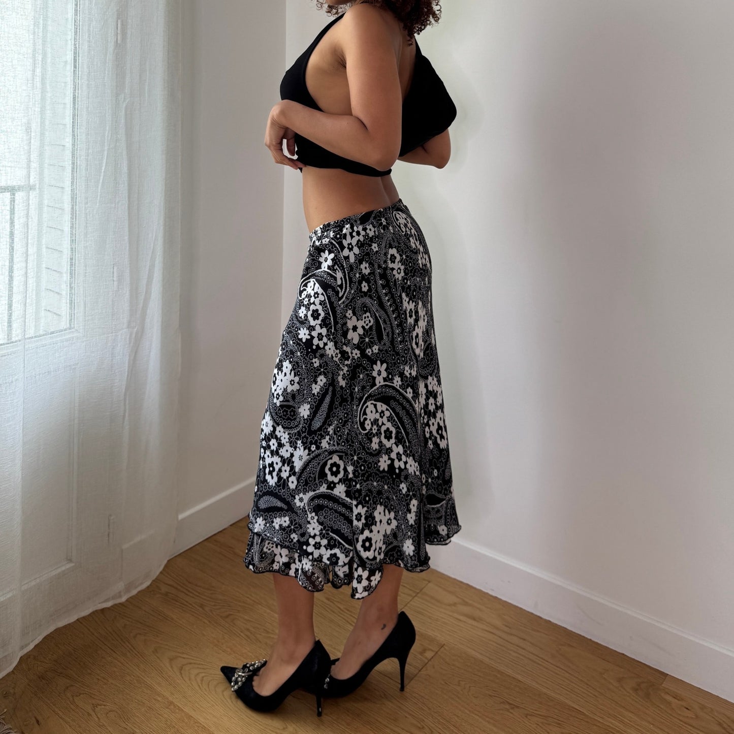 Vintage Black White Paisley Mesh Midi Skirt Y2K Ruffle Hem Skirt (S) ⠀