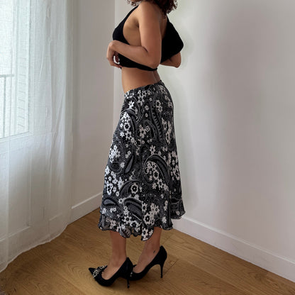 Vintage Black White Paisley Mesh Midi Skirt Y2K Ruffle Hem Skirt (S) ⠀