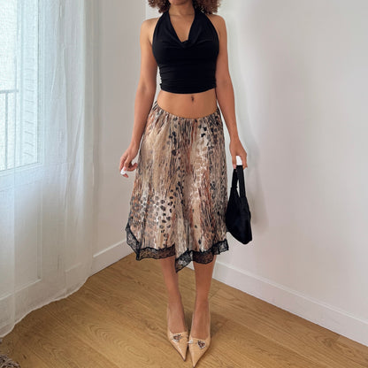 Vintage Animal Print Pleated Midi Skirt Italian Y2K Lace Hem Skirt (S) ⠀