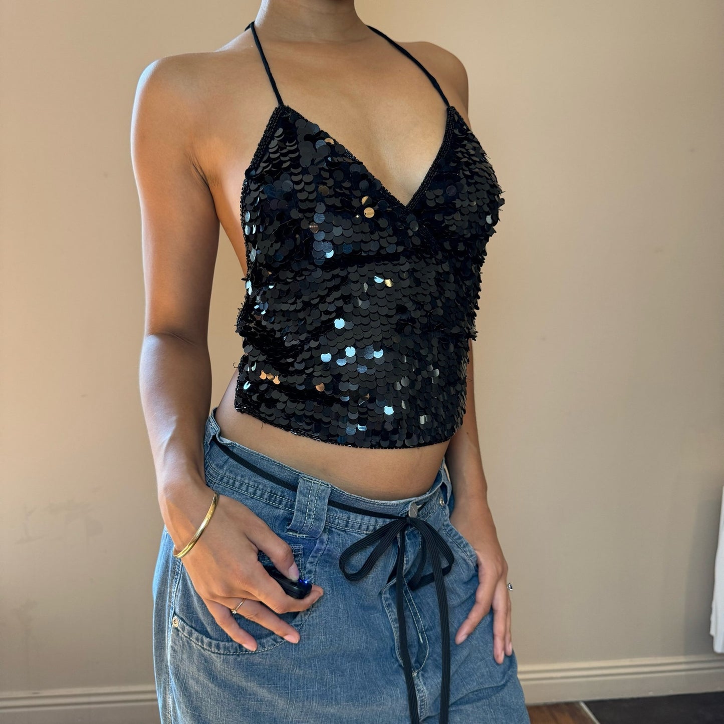 Italian Vintage black sequin halter top (S/M)