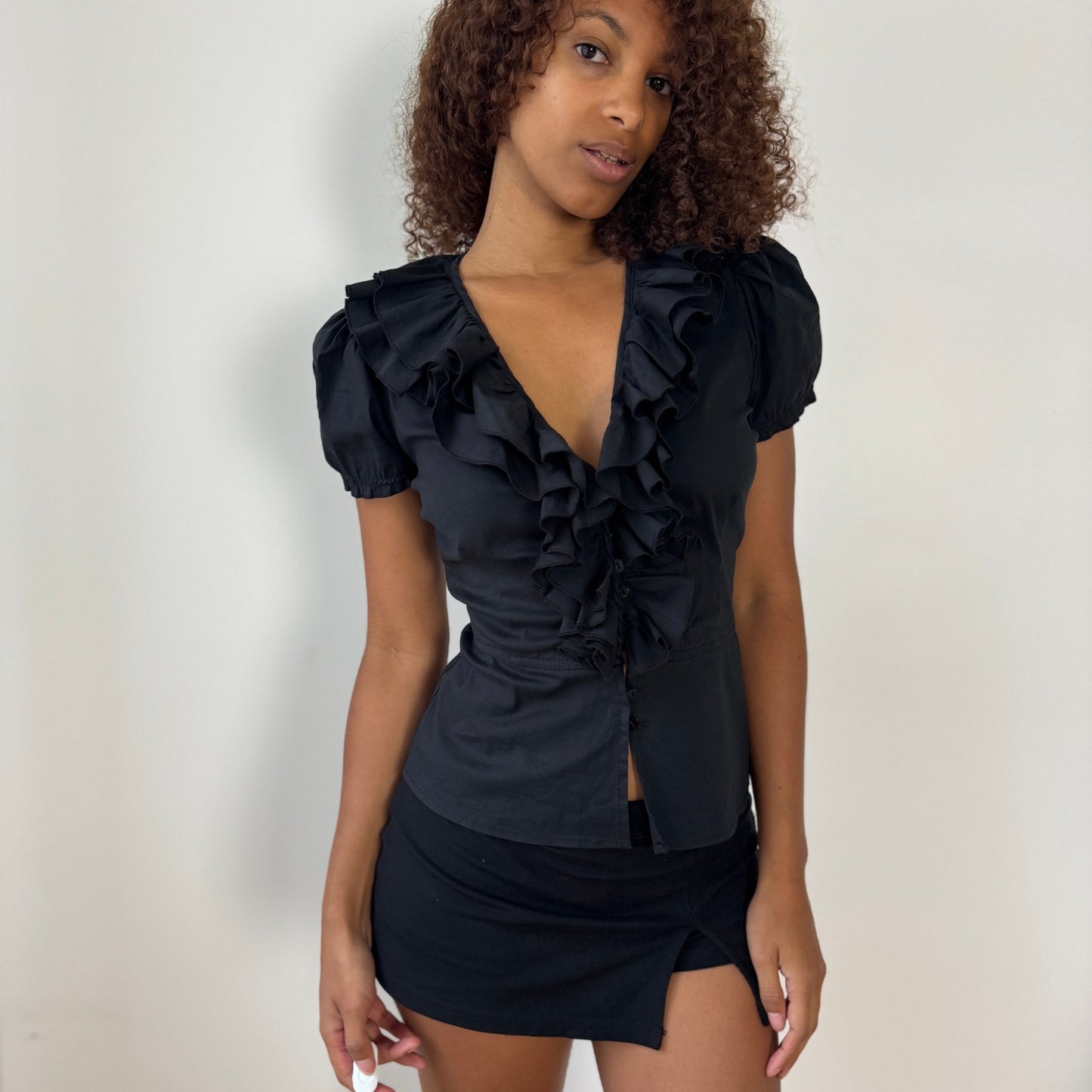 Vintage Italian Ruffle Front Button-Up Blouse (XS/S)