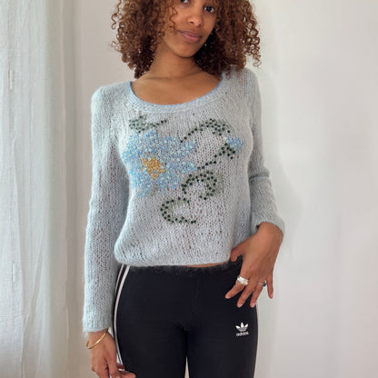 Vintage Baby Blue Mohair Blend Floral Sequin Sweater Italian Y2K Fuzzy Knit Top (S/M)