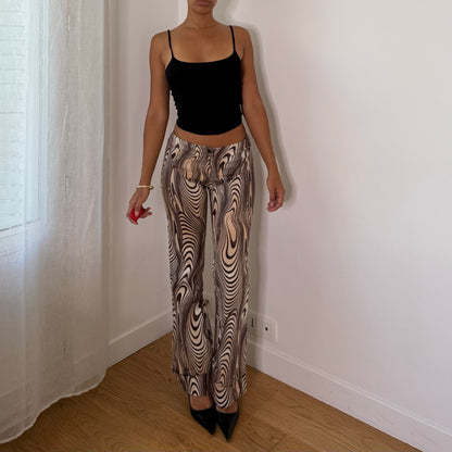 Italian Vintage Beige Brown Psychedelic Swirl Print 2 Piece Vest & Flared Pants Set