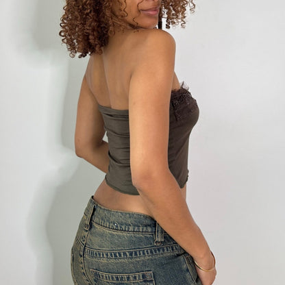 Vintage Brown Strapless Slinky Tube Top Beaded Mesh Trim Y2K Italy (S)