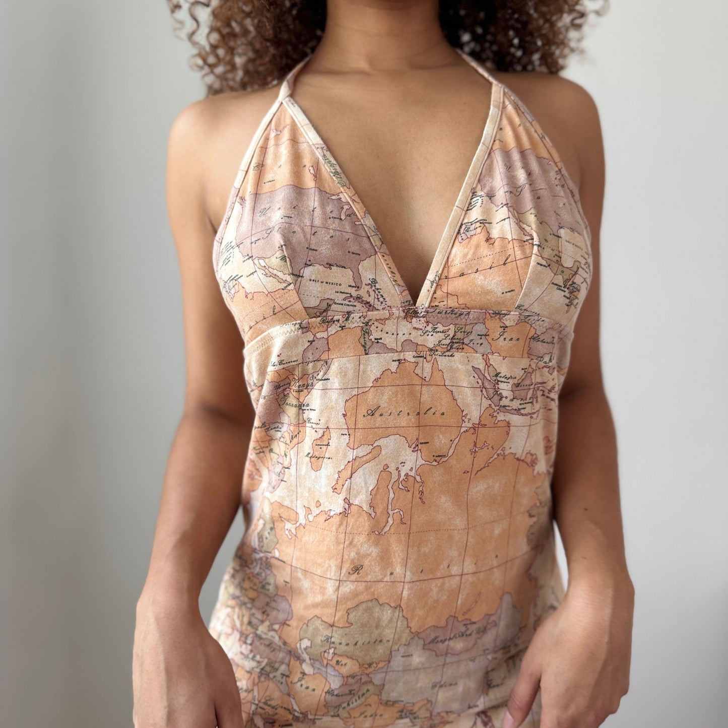 Vintage Brown Beige Map Print Halter Dress Open Back Euro Y2K (S/M)
