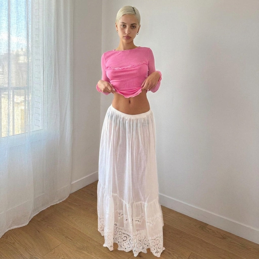 Vintage West Germany White Lace Maxi Skirt Sheer Elastic Waist (XS/S)