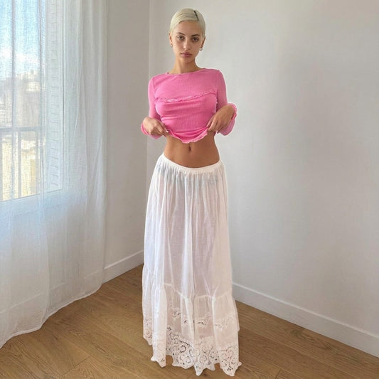 Vintage West Germany White Lace Maxi Skirt Sheer Elastic Waist (XS/S)