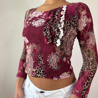 Vintage Burgundy Floral Cheetah Lace Top Ruffle Trim Long Sleeve Y2K French (S)