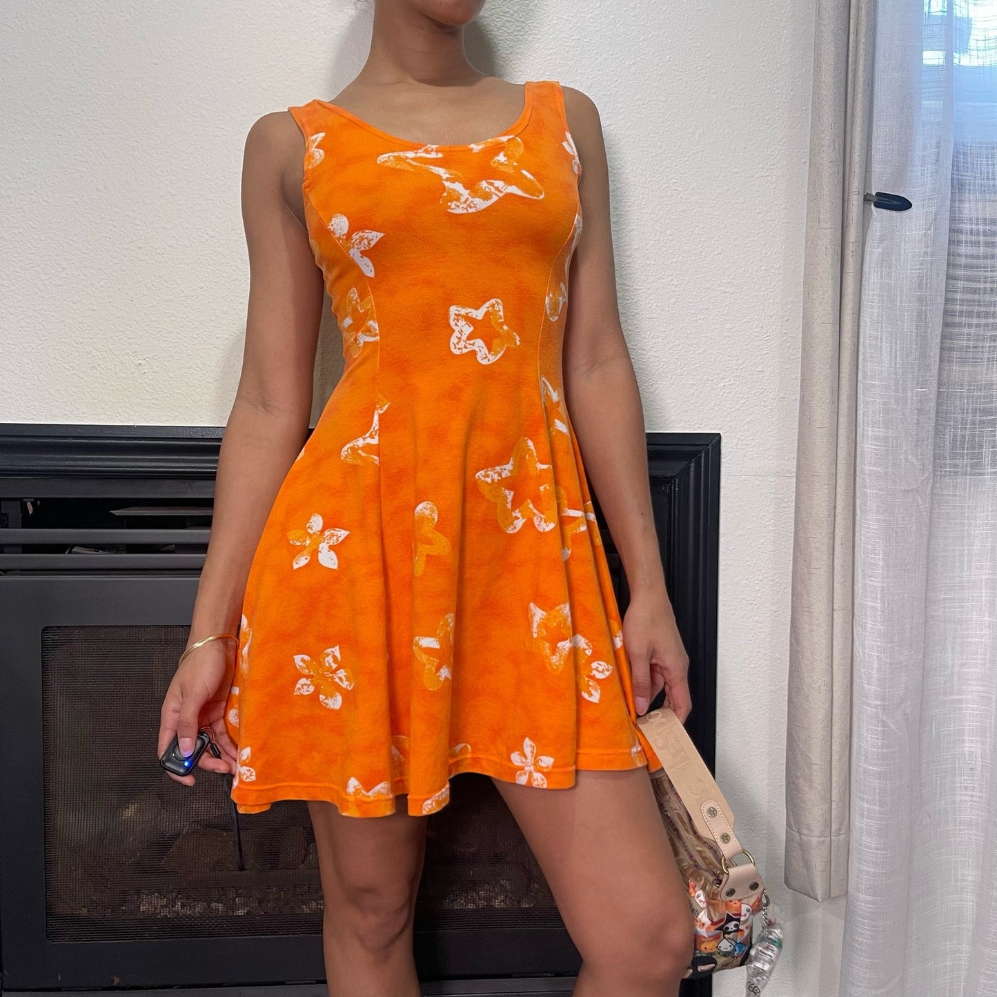 Sourced in Italy - Vintage 90s euro orange floral print mini dress (XS) summer