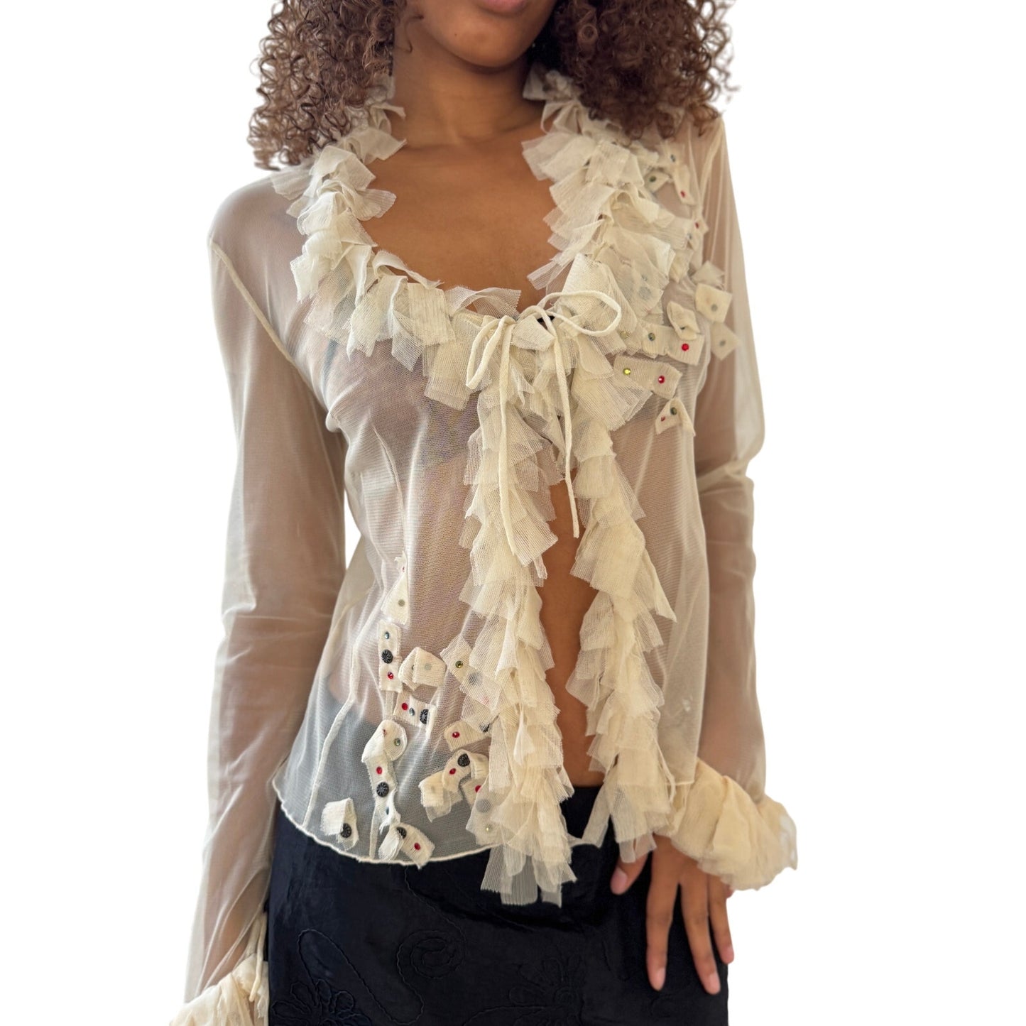 Vintage Italian cream ruffle applique sheer mesh tie-front top (Small/Medium)