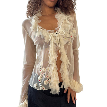 Vintage Italian cream ruffle applique sheer mesh tie-front top (Small/Medium)