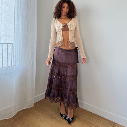 Vintage French knit cropped cardigan with sculpted waist & beaded applique Small