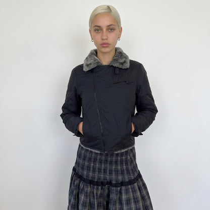 Vintage Black Nylon Fur Collar Jacket