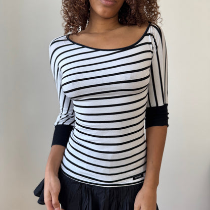 Vintage Italian Striped Slinky Asymmetrical Sleeve Top by Denny Rose (S)