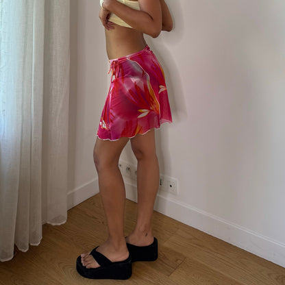 Vintage Hot Pink Red Orange Floral Mesh Wrap Pareo Mini Skirt Y2K (S)