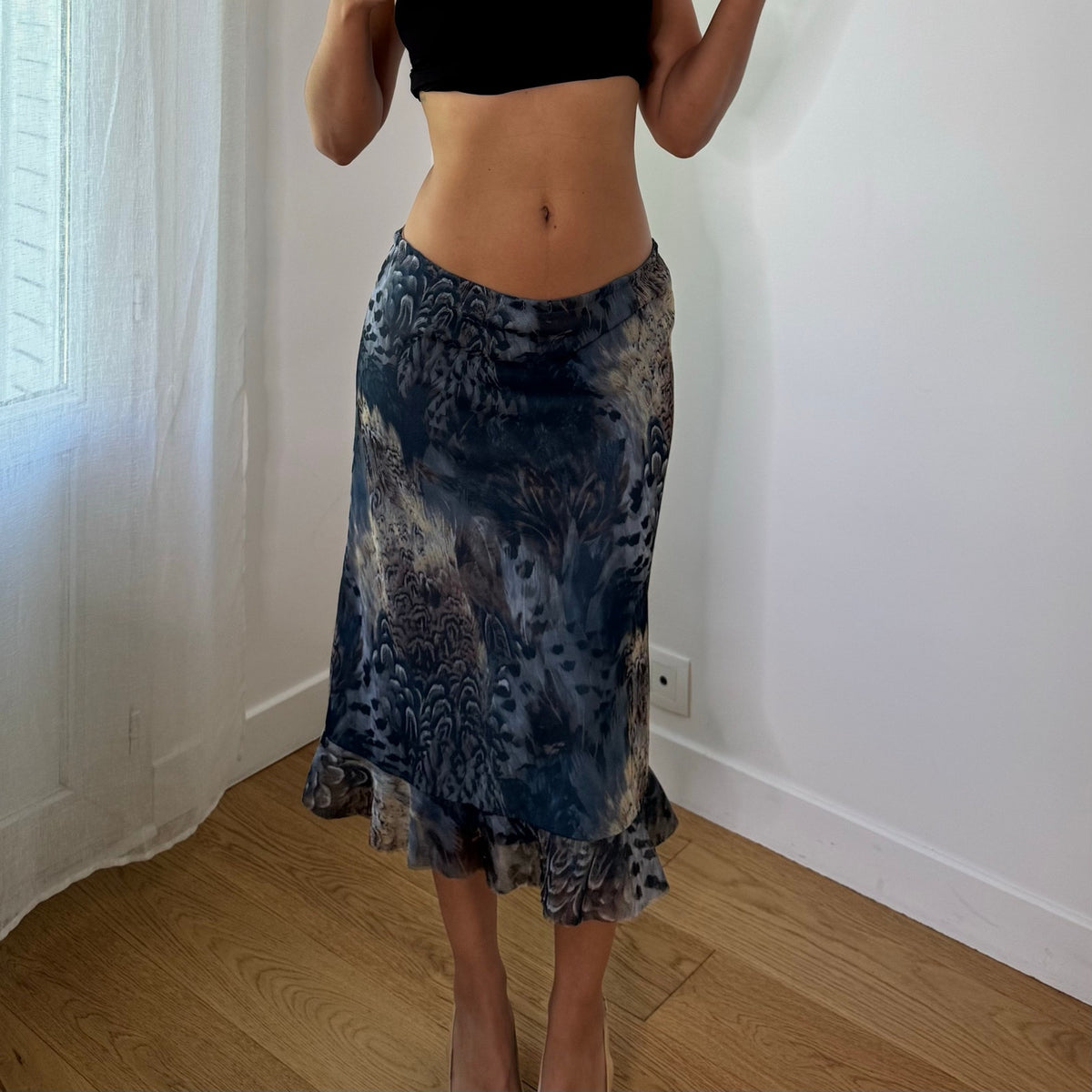 Vintage Blue Grey Abstract Mesh Midi Skirt (S)
