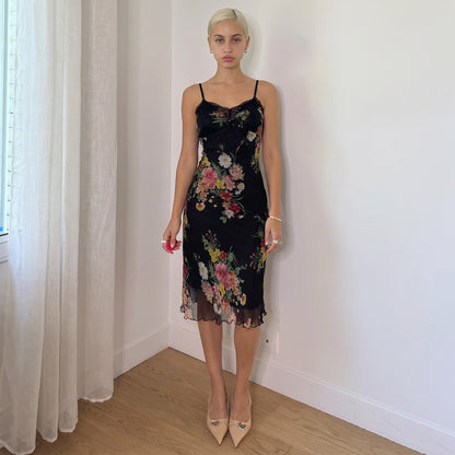 Vintage Black 100% Silk Floral Lace Midi Dress (S/M)