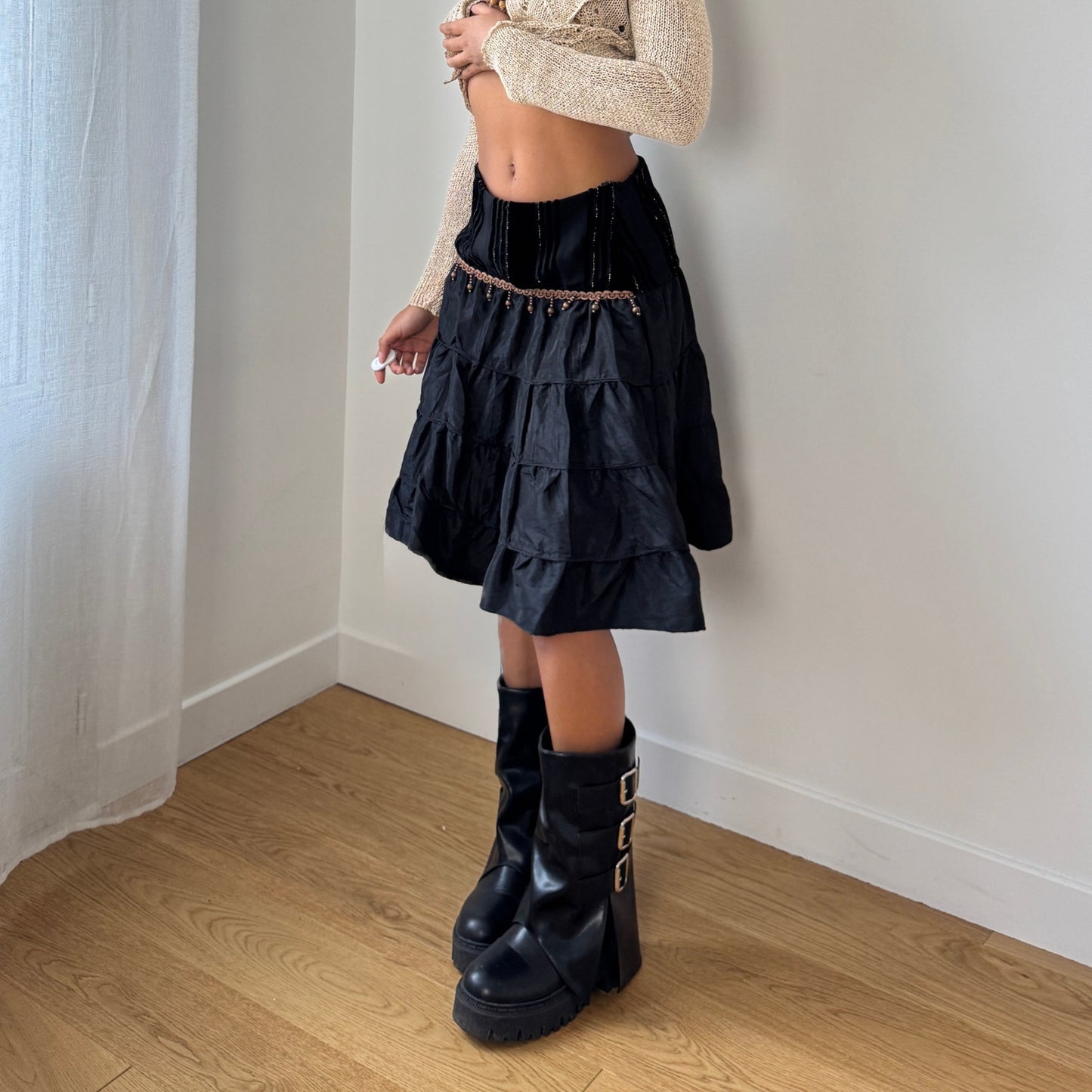 Vintage Italian black tiered midi skirt with velvet panel & beaded trim (S)