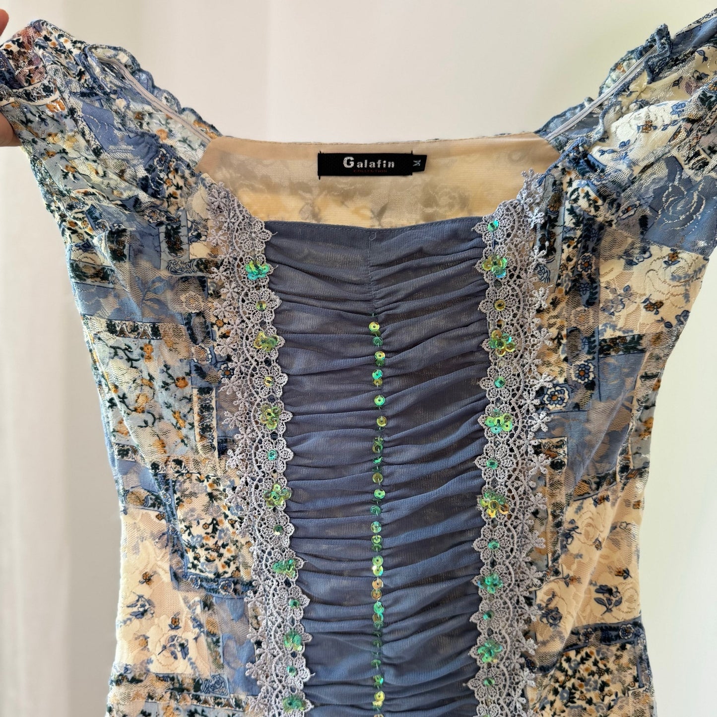 Vintage Blue Cream Floral Sequin Lace Ruched Mesh Top Euro Y2K (M)