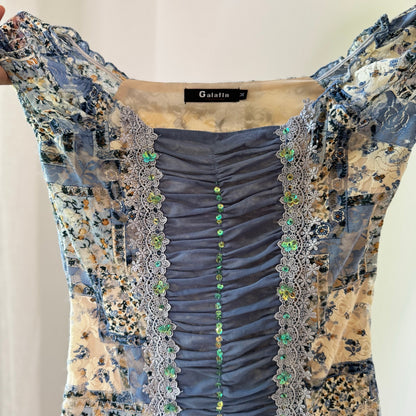 Vintage Blue Cream Floral Sequin Lace Ruched Mesh Top Euro Y2K (M)