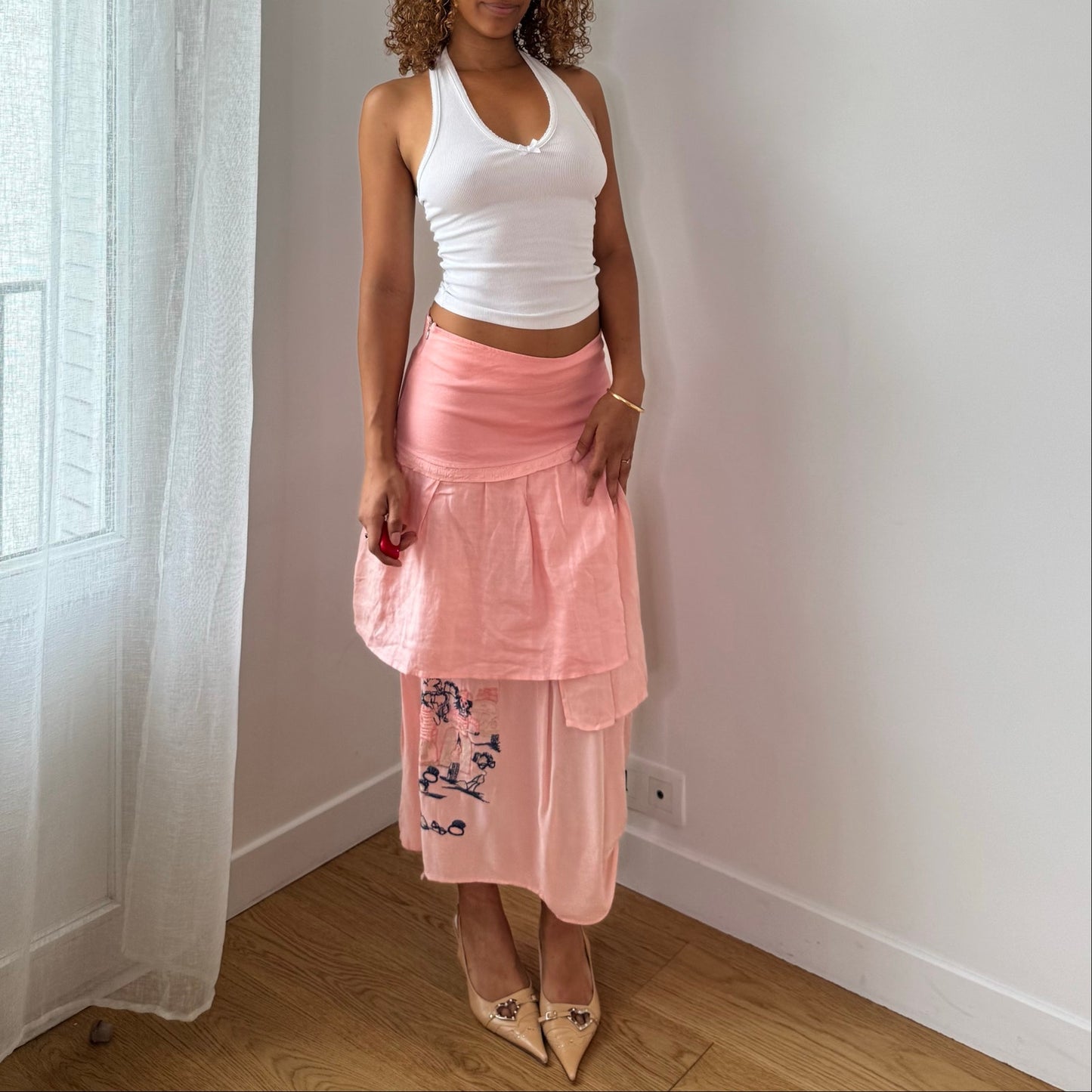 Vintage Pink Embroidered Layered Midi Skirt Italian Designer Y2K (S)