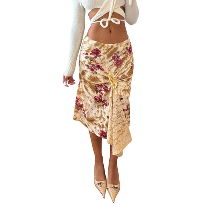 Vintage Italian tan floral mesh draped lace detail midi skirt (Small)