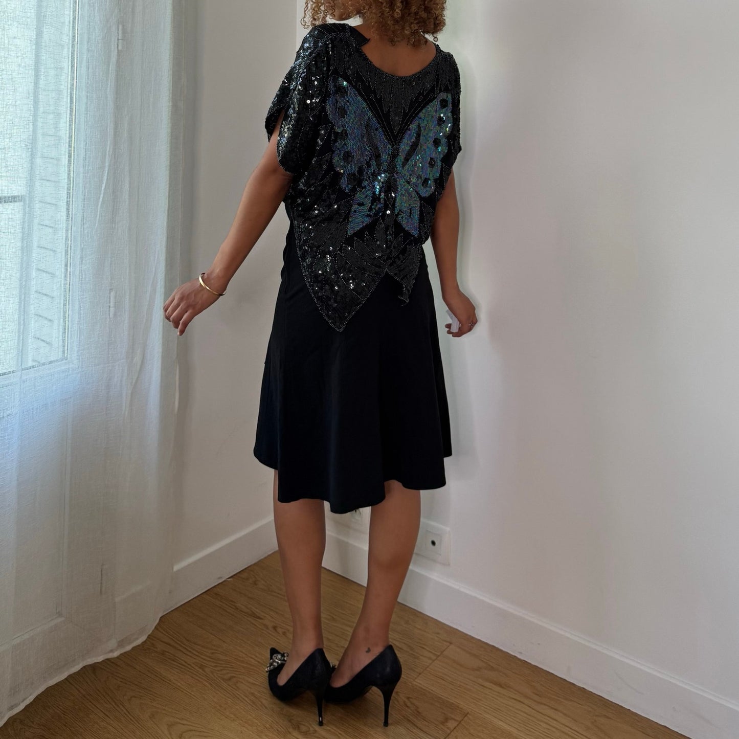 Vintage Black Silk Sequin Butterfly Top Beaded Sheer Evening Y2K (OS)