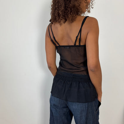 Vintage Italian Black Sheer Mesh Sequin Floral Beaded Cami Top (S/M)