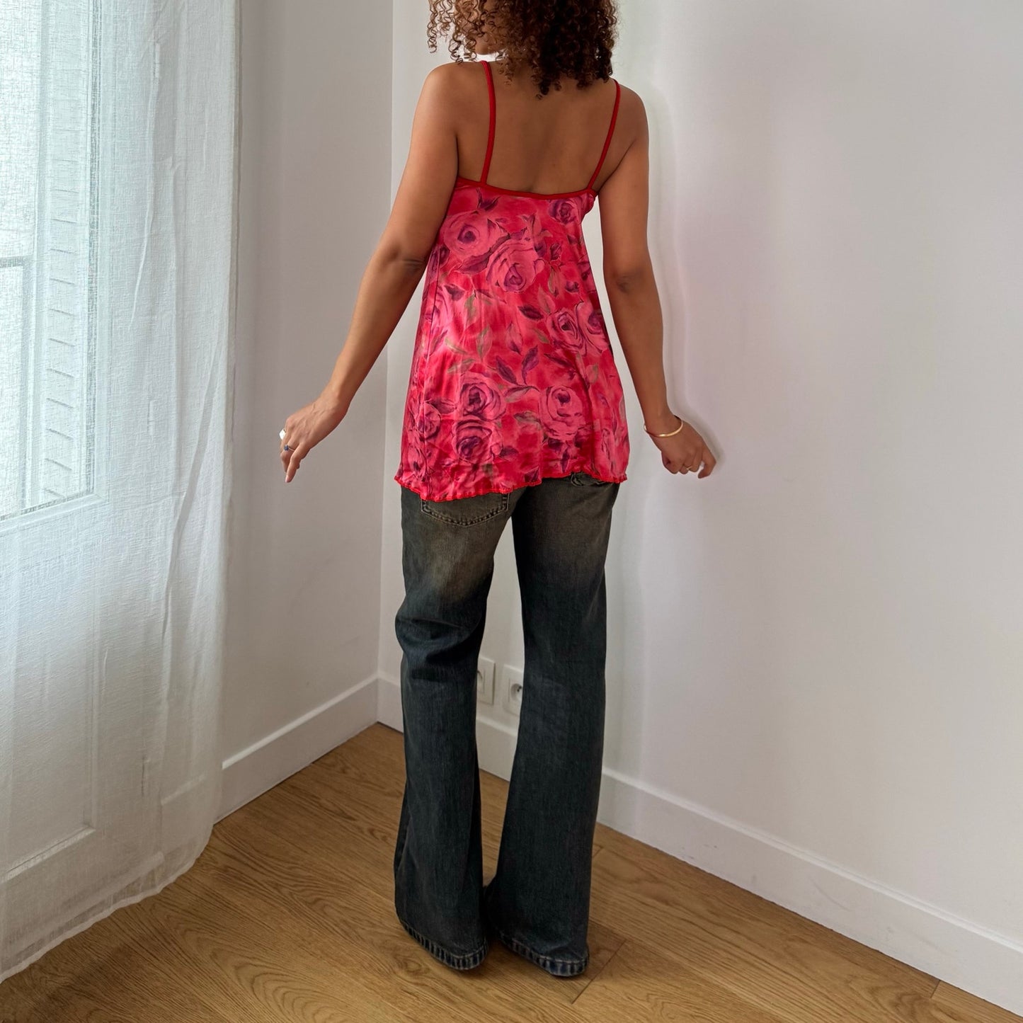 Vintage Pink Rose Print Tie Front Cami Top Sheer Y2K Euro (S)
