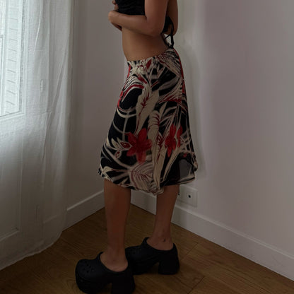 Vintage Black Red Floral Mesh Midi Skirt Double Lined Euro Y2K (S)