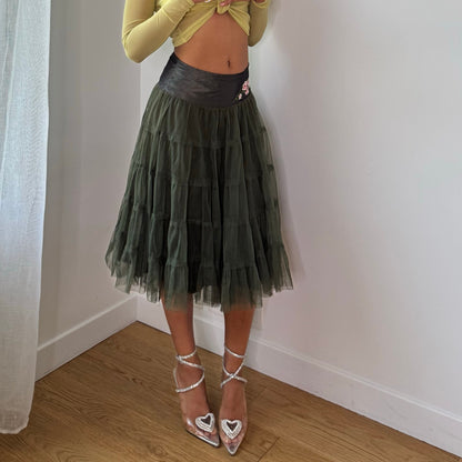 Vintage Italian Olive Green Floral Embroidered Tulle Midi Skirt Y2K (XS/S)