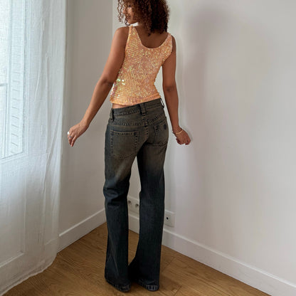 Vintage Peach Sequin Knit Tank Top Y2K Euro Sparkle Top (S)