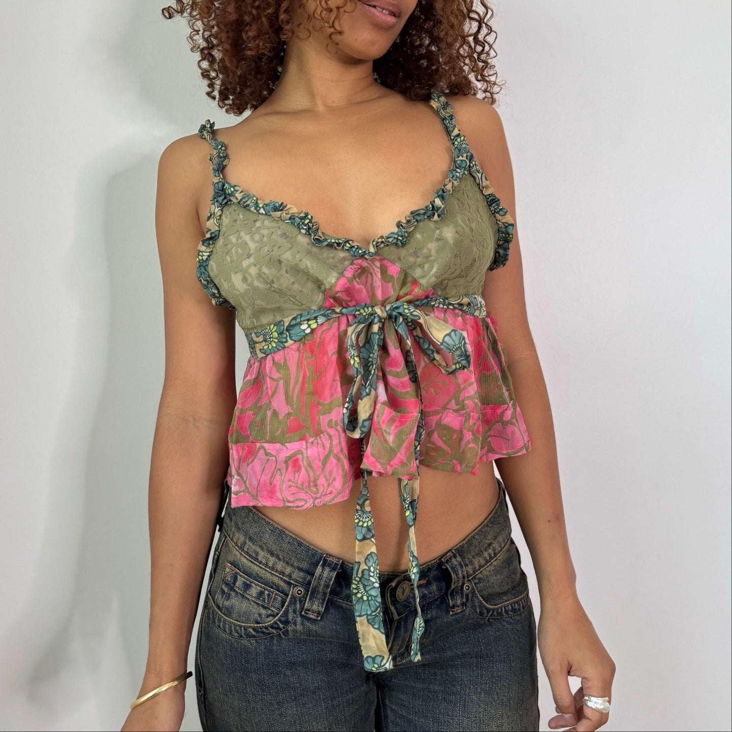 Vintage Sage Green Pink Floral Lace Mesh Tie Front Cami Top Y2K (M)