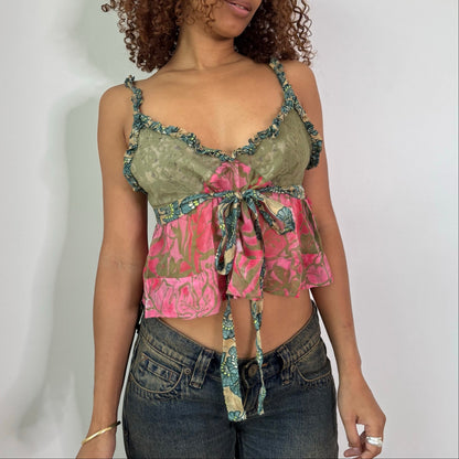 Vintage Sage Green Pink Floral Lace Mesh Tie Front Cami Top Y2K (M)