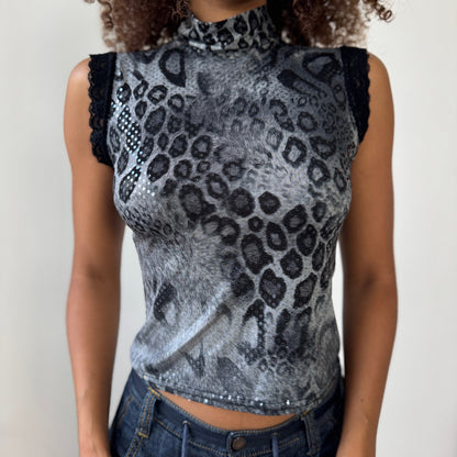 French Vintage Slinky Leopard Shimmer Mock-Neck Top (S/M)