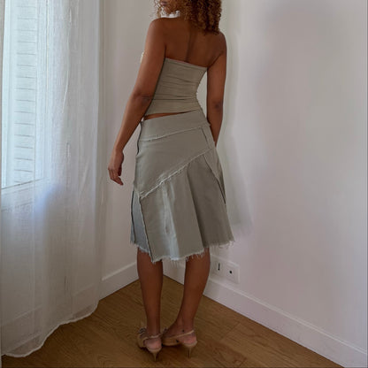 Parisian Vintage Pale Seafoam Green Sage Asymmetric Layered Raw Hem Low Rise Midi Skirt