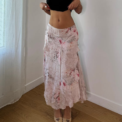 Vintage Blumarine Pink Floral Silk Maxi Skirt Ruffle Layer Italian Y2K (S)