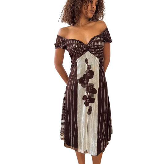 Vintage Italian brown & cream off-shoulder midi dress (S/M)